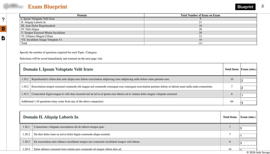 The question bank’s Exam Blueprint page, with placeholder text standing in for the real exam content: a summary table of seven domains and their item totals, followed by a table per domain listing each objective, the number of questions available, and a box for the minimum number to include on the exam.