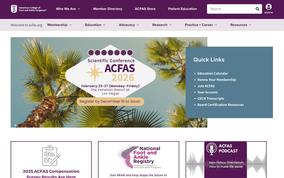 Screenshot of https://acfas.org: A medical association information site with a purple, blue, and pink color-scheme, and blocky, overlapping elements.