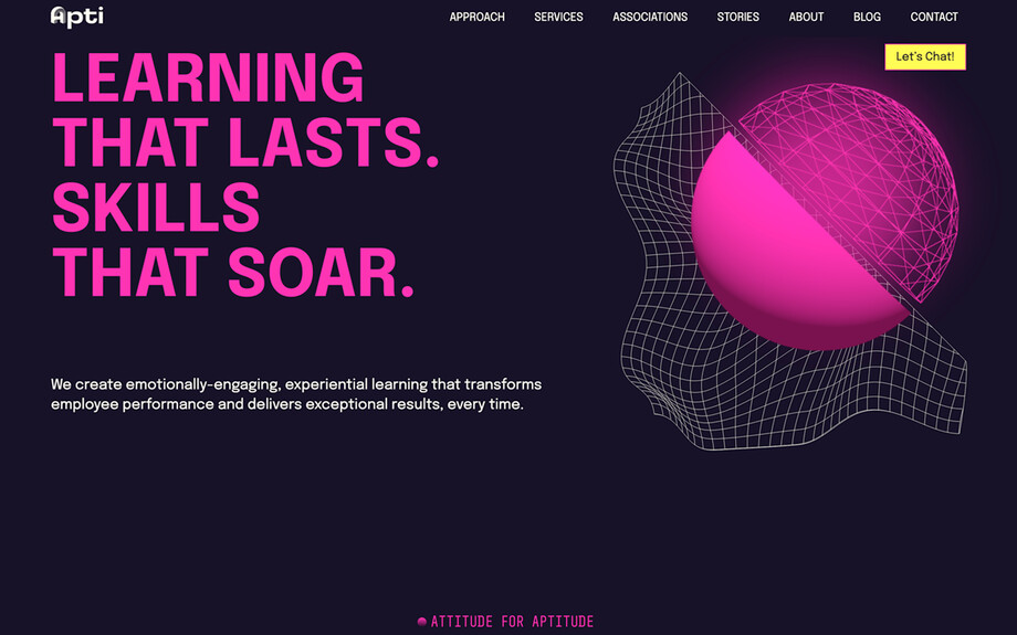 Screenshot of hiapti.com. Top of the page: headline text next to a 3D rendered sphere, half solid and half mesh. 