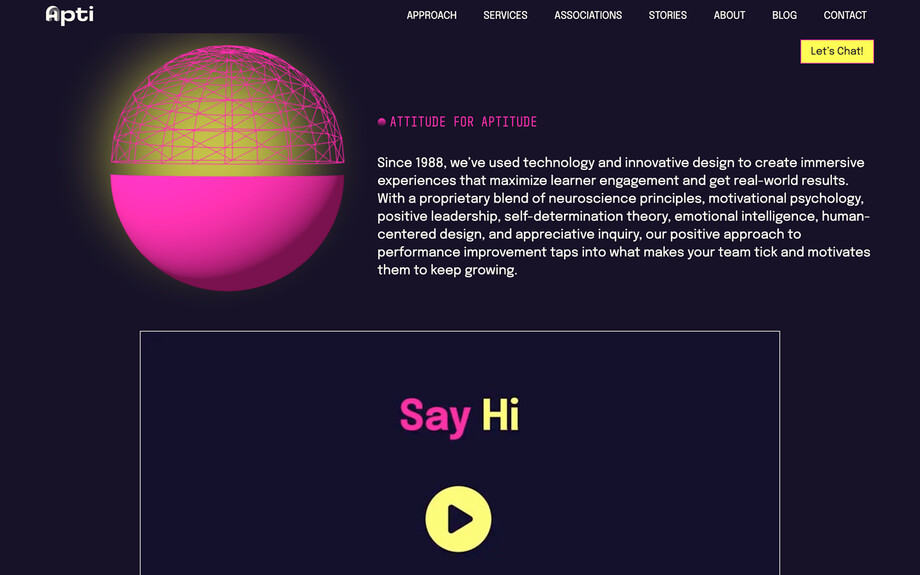 Screenshot of hiapti.com. scrolled down the page,  rendered sphere follows the scroll up to a point where it locks with further content.