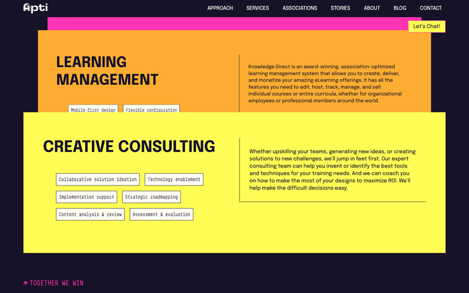 Screenshot of hiapti.com. Three brightly colored (pink, yellow, orange) cards with content shrink and stack on top of one another, as the user scrolls past them.