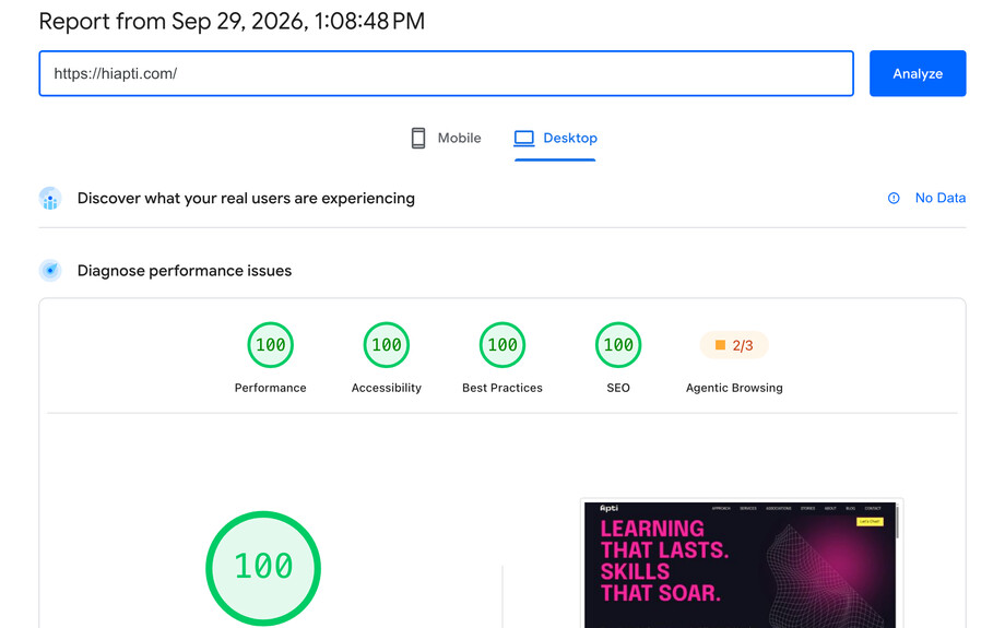 The same PageSpeed Insights report from September 29, 2026, Desktop tab: 100 for Performance, Accessibility, Best Practices and SEO.