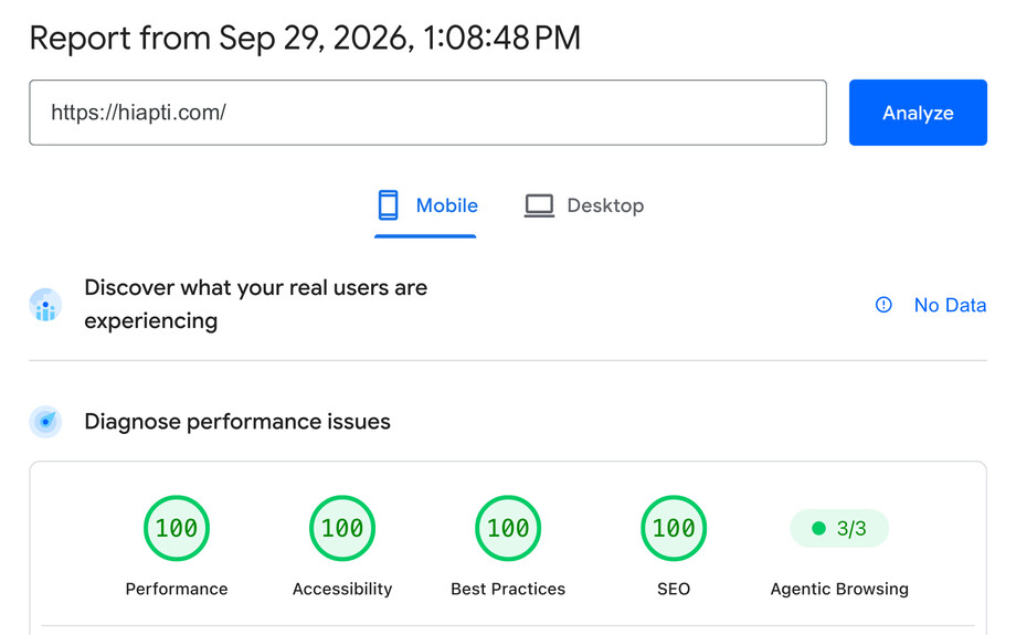 Google PageSpeed Insights report for https://hiapti.com/ from September 29, 2026, Mobile tab: 100 for Performance, Accessibility, Best Practices and SEO.