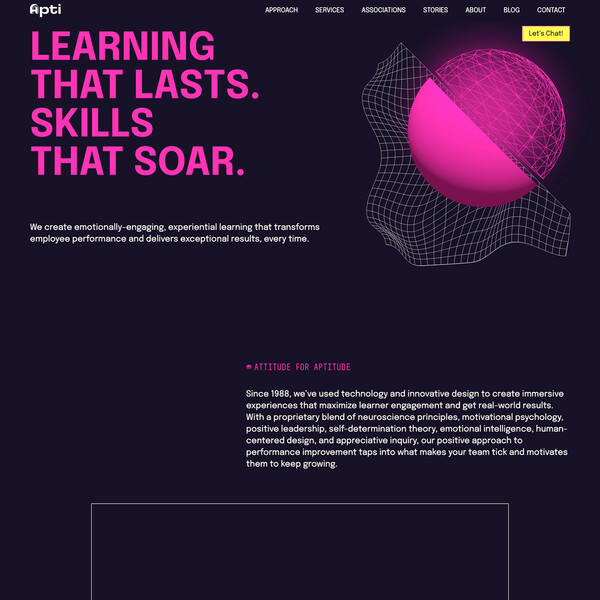 Screenshot of hiapti.com. Top of the page: headline text next to a 3D rendered sphere, half solid and half mesh. 