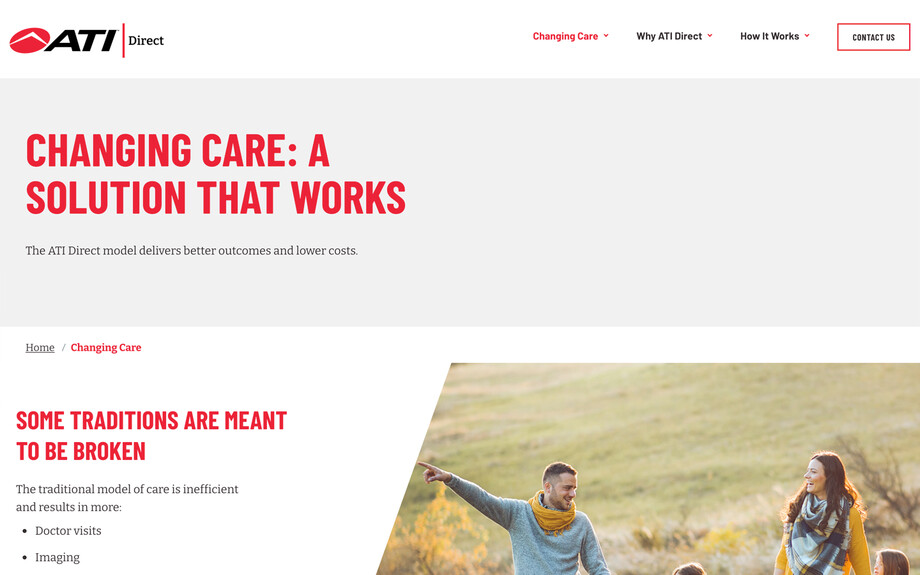 Screenshot of https://ptfirst.com/changing-care. Clean visuals, focusing on presenting the company's unique approach.