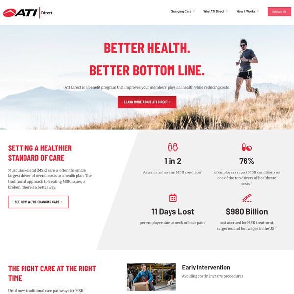 Screenshot of homepage of https://ptfirst.com. A physical therapy provider's website featuring sharp design, and a focus on patient outcomes and statistics.