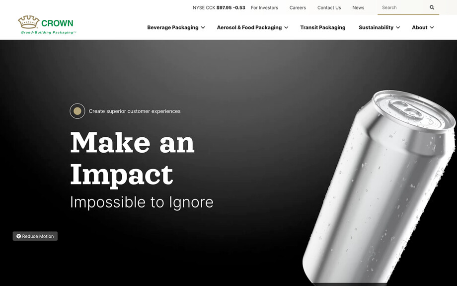 Screenshot of crowncork.com. Plain, undecorated aluminum can with text: Make an impact impossible to ignore