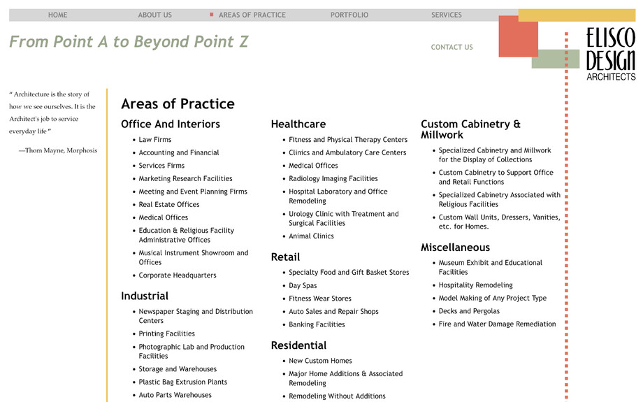 Screenshot of the Areas of Practice page of https://eliscodesign.com taken on August 14th 2025. Clean, minimal content with text describing the company's clientel and areas of expertise.