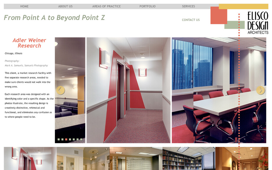 Screenshot of a gallery page from https://eliscodesign.com taken on August 14th 2025. A small column of text, with a rotating slideshow of photos of the interior of a market research facility, and additional related project gallery thumbnails below.