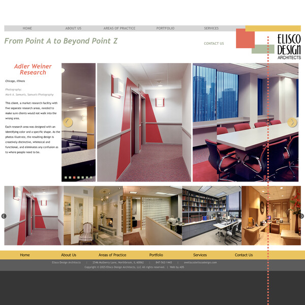 Screenshot of the homepage of https://eliscodesign.com taken on August 14th 2025. Large photo of a well designed home, with navigation and logo across the top of the page, and two columns of text below the image.