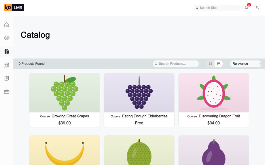 The redesigned course catalog: a “Catalog” heading, a toolbar with the product count, search, grid and list toggle and a sort menu, then large course cards with fruit illustrations, titles and prices.