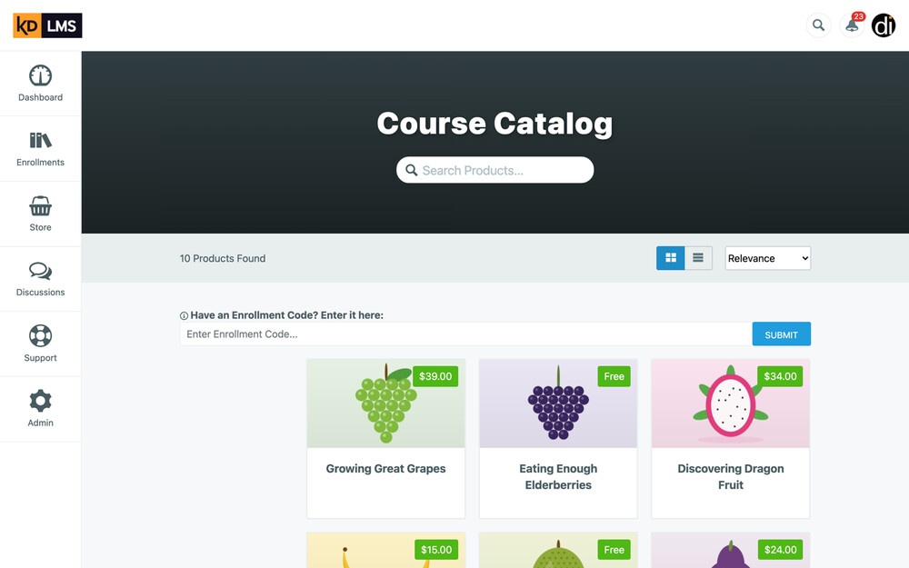 The original course catalog: a dark “Course Catalog” banner with a search box, an enrollment-code field, and a narrow grid of course cards with price tags in the corners.