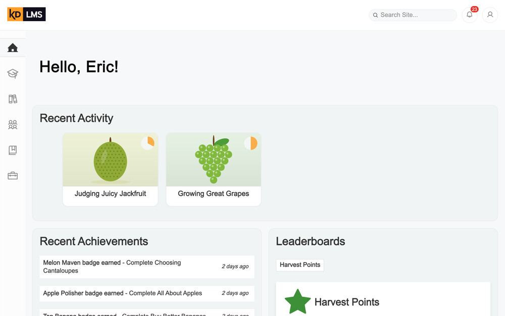 The redesigned learner dashboard: a plain “Hello, Eric!” greeting over Recent Activity course cards, with Recent Achievements and Leaderboards panels below, a slim icon sidebar and search moved into the header.