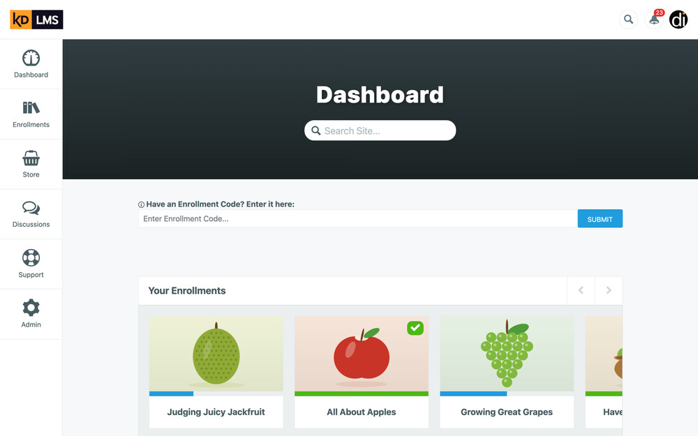 The original learner dashboard: a dark “Dashboard” banner with a search box, an enrollment-code field, and a carousel of enrolled courses, beside a wide sidebar with labeled icons.