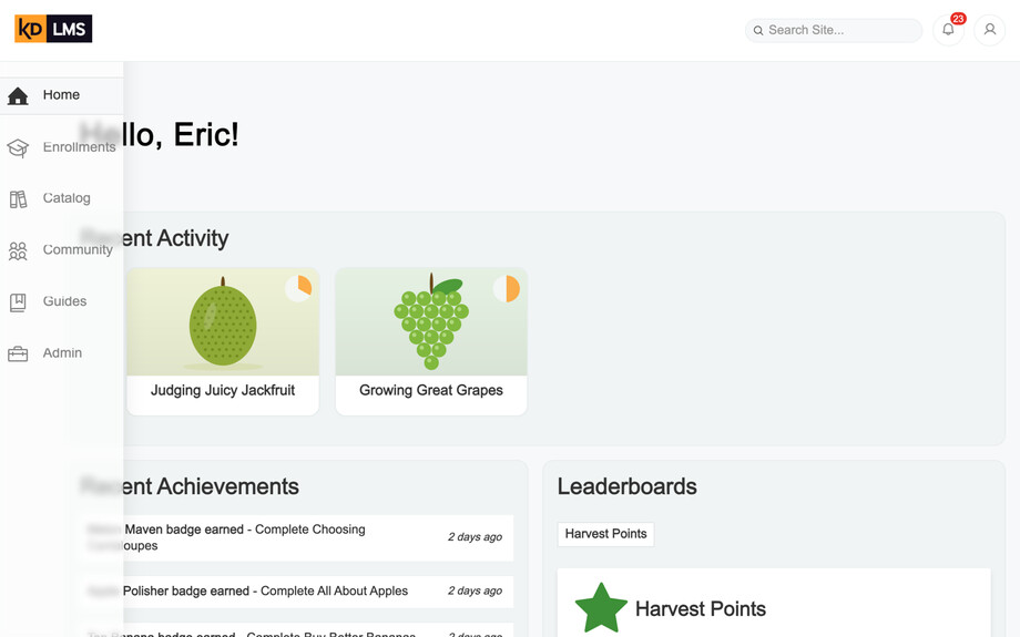 The redesigned learner dashboard with the left navigation expanded on hover: Home, Enrollments, Catalog, Community, Guides and Admin labels slide out beside their icons over a softened view of the page.
