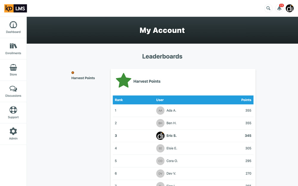 The original leaderboard: a dark “My Account” banner, a centered “Leaderboards” title, and a narrow ranked table of learners beside a point-type radio list.
