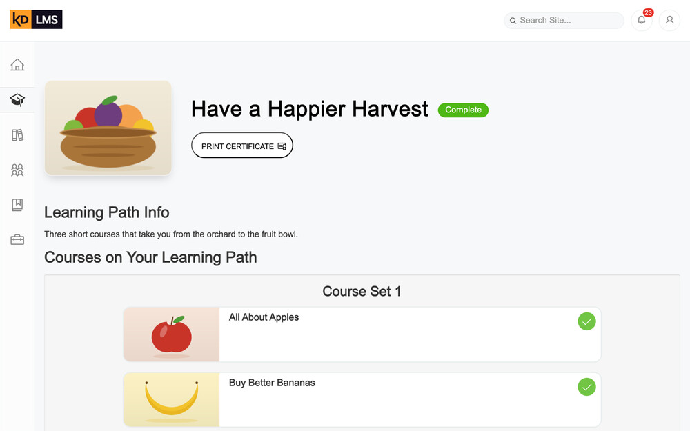The redesigned learning path page: the path’s fruit-basket cover beside its title, Complete badge and certificate button, then Learning Path Info and a course set with each course’s illustration and a completed check.