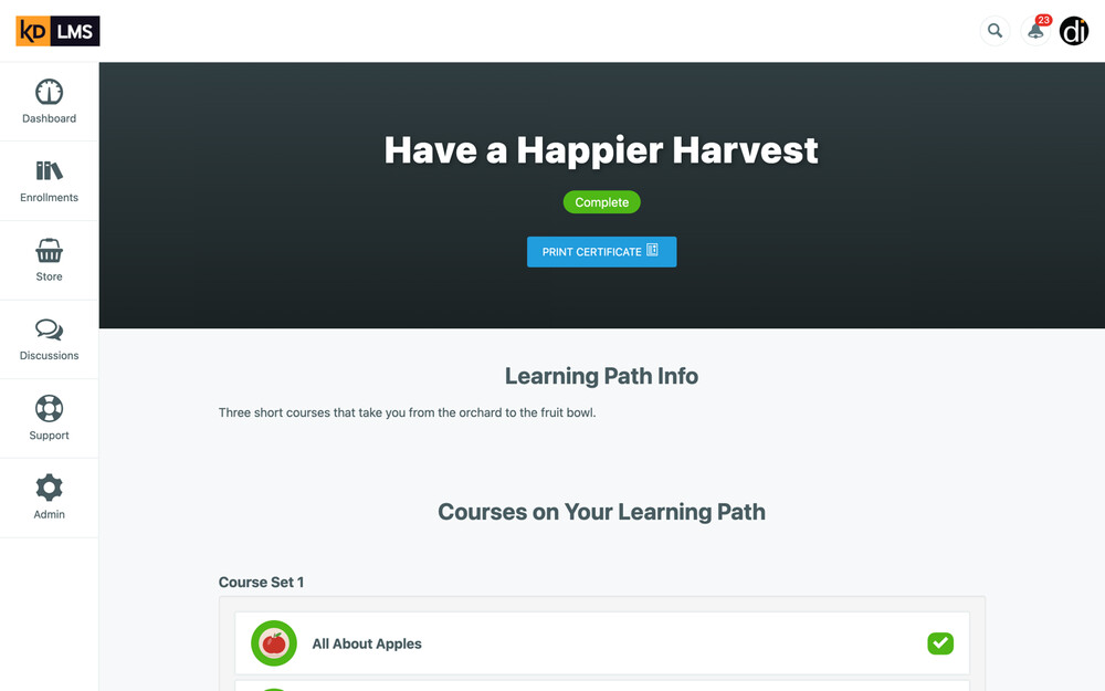 The original learning path page: a dark banner with the path title “Have a Happier Harvest”, a Complete badge and a certificate button, then Learning Path Info and a course set listing its courses.