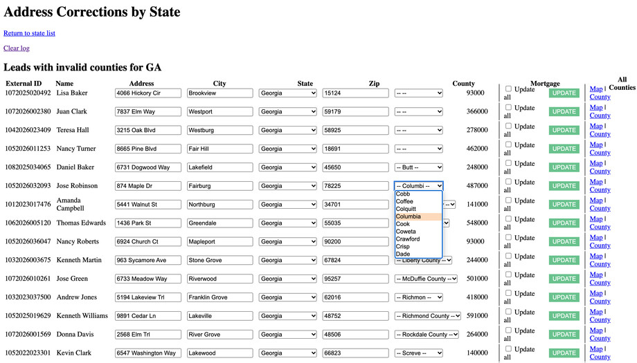 A plain page titled “Address Corrections by State”, listing Georgia leads with invalid counties. Each row has an ID, a name, editable address, city, state and zip fields, a county dropdown, an “Update all” checkbox and a green Update button. Several rows have a blank county, and others read Butt, Columbi and Richmon. The dropdown on the Columbi row is open, with Columbia highlighted in the list.