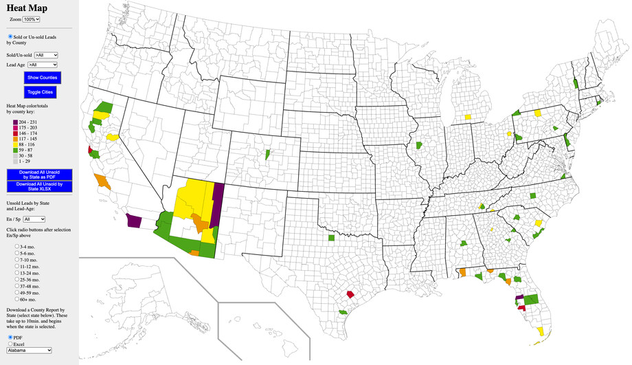 The heat map with the two lowest legend colors switched off. Most counties are now white, leaving a few dozen green, yellow, orange, red and purple counties, mostly in Arizona, California and Florida.