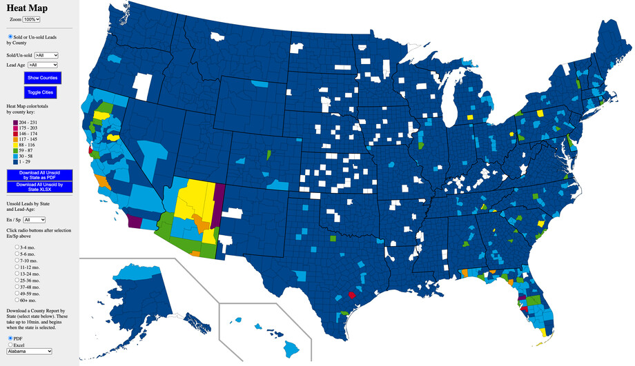 The heat map: a map of the United States divided into counties, most dark blue, with scattered light blue, green, yellow, orange, red and purple counties. A sidebar on the left holds a zoom control, sold and lead-age filters, an eight-color legend with a lead range beside each color, download buttons and a list of lead ages.