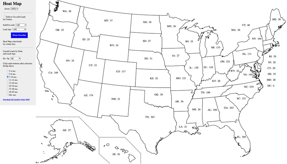 The map with county colors removed and state outlines only. Each state carries a label with its abbreviation and a number, such as TX: 363 and FL: 385. In the sidebar the 7-10 month lead age is selected.