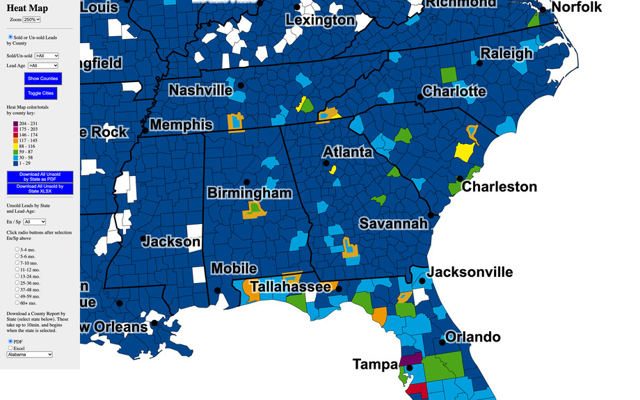 The heat map zoomed in on the Southeast with city names such as Atlanta, Nashville, Memphis and Tampa drawn over the counties. Seven counties have a thick gold outline.