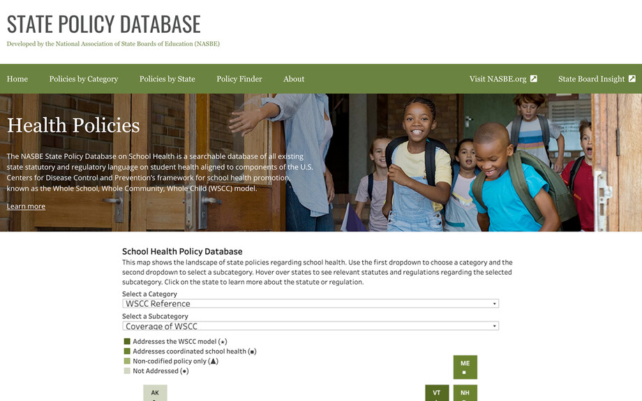 Screenshot of the home page of https://statepolicies.nasbe.org taken on December 15th 2024. Overview of the School Health Policy Database, including a map of categorized states based on their policies.