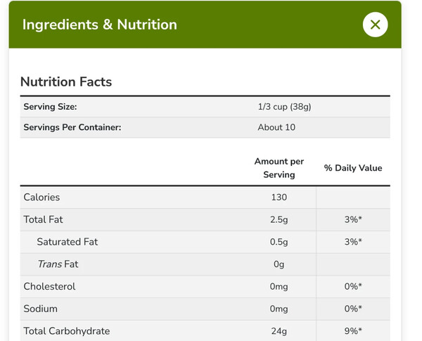 A Nutrition Facts table on nowfoods.com for NOW Real Food Organic Oat Bran, under a green Ingredients & Nutrition heading: serving size and servings per container, then rows for calories, fats, cholesterol, sodium and carbohydrates, each with an amount per serving and a percent daily value.