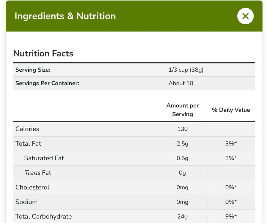 A Nutrition Facts table on nowfoods.com for NOW Real Food Organic Oat Bran, under a green Ingredients & Nutrition heading: serving size and servings per container, then rows for calories, fats, cholesterol, sodium and carbohydrates, each with an amount per serving and a percent daily value.
