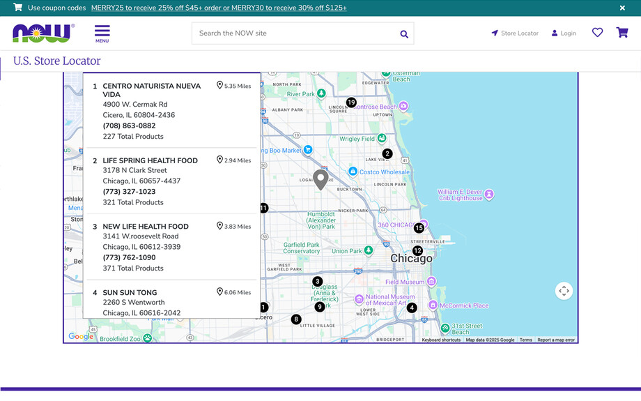 Screenshot of https://www.nowfoods.com/store-locator. A custom Google Maps interface listing stores that sell NOW Foods products within a radius of a given location.