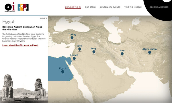Oriental Institute Centennial’s Explore the OI map, as archived in 2019: Egypt is highlighted in blue on a relief map of the Middle East, with pins for Turkey, Syria, the Levant, Iraq, Iran and Afghanistan, and a side panel about the OI’s work along the Nile beside a photo of the Colossi of Memnon.
