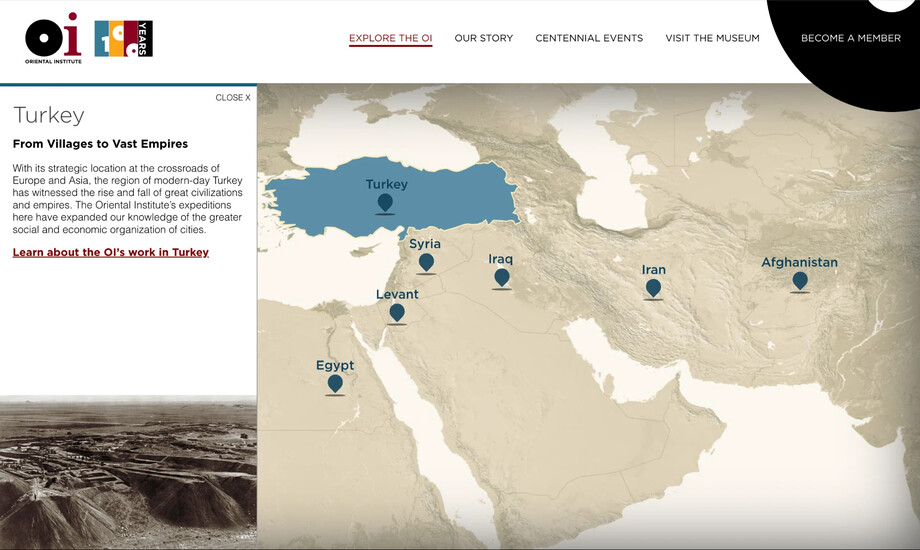 Oriental Institute Centennial’s map with Turkey selected: the country highlighted in blue, and the side panel describing the OI’s expeditions there above an aerial photo of an excavation site.