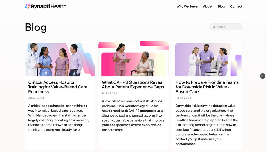 Synapti Health’s blog index: a Blog heading and search box above a row of three article cards, each with a photo of healthcare staff on a pink or purple gradient, a headline about value-based care, a date and a summary.