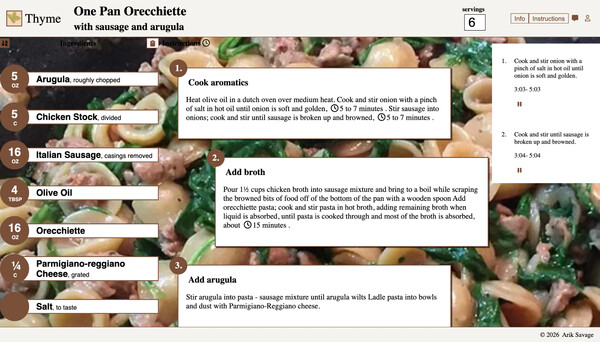 Thyme recipe page for One Pan Orecchiette: ingredient amounts in circles down the left, numbered steps in the middle with a clock icon marking each cooking time, and a panel of running timers on the right, all over a photo of the finished dish.