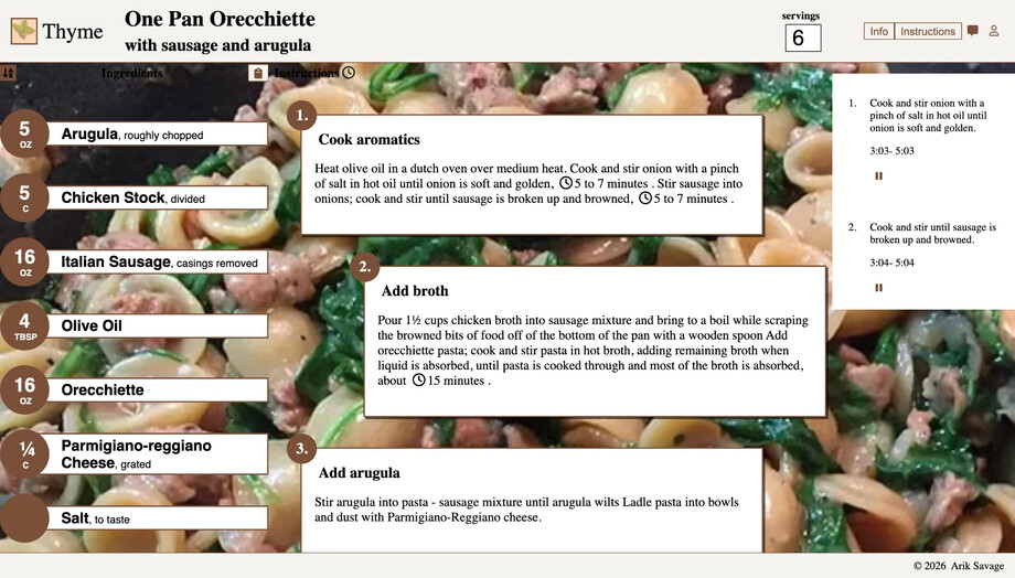 Thyme recipe page for One Pan Orecchiette: ingredient amounts in circles down the left, numbered steps in the middle with a clock icon marking each cooking time, and a panel of running timers on the right, all over a photo of the finished dish.