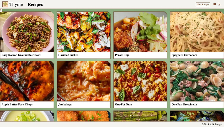 Thyme’s recipe list: a grid of cards, each with a large food photo and the recipe name, from Easy Korean Ground Beef Bowl to One Pan Orecchiette.
