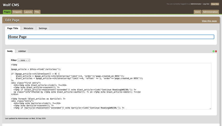 The Wolf CMS Edit Page screen running on the fork: the Home Page’s title field, Metadata and Settings tabs, and body and sidebar parts, with the body holding the PHP template that lists the latest articles, and a note that it was last updated on Wed, 30 Sep 2026.