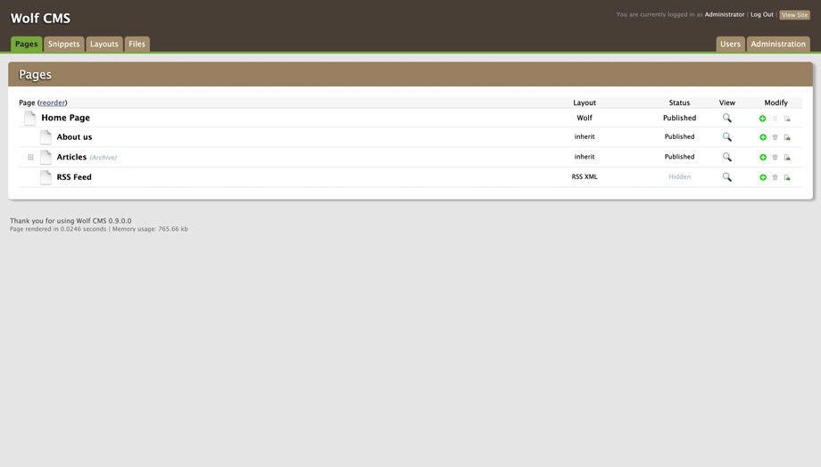 The Wolf CMS admin running on the fork: the Pages tab lists a Home Page with About us, Articles and RSS Feed beneath it, each with its layout, status and edit controls, and the footer reads “Thank you for using Wolf CMS 0.9.0.0”.