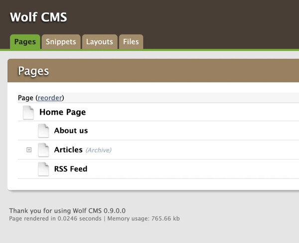 The Wolf CMS admin’s Pages tab running on the fork, with a short page tree and the footer “Thank you for using Wolf CMS 0.9.0.0”.