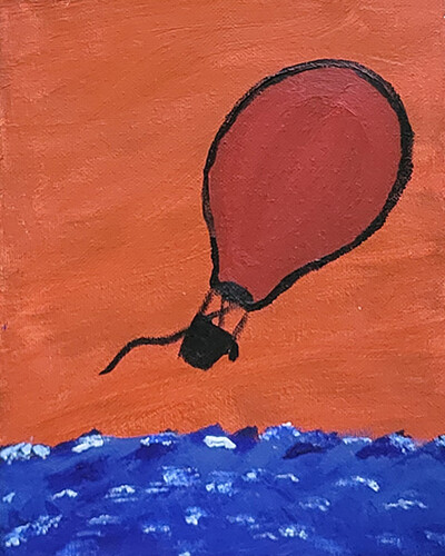 Acrylic painting of a red hot air balloon over an orange sky and blue ocean. Uses vibrant colors and thick, rough outlines.