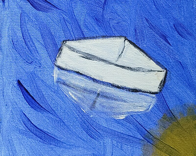 Acrylic painting a paper boat floating on blue water, with a reflection of the boat and sun. Cartoon-y style with thick brush strokes acting as ripples in the water.