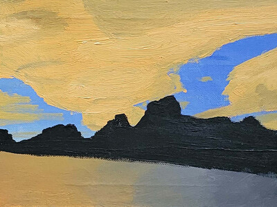 Acrylic painting of a landscape: mountains silhouetted in black over a calm body of water, with pake orange clouds in the sky. Flat, non-realistic art style with ombre colors and thick brush strokes.