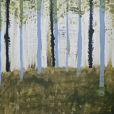 Acrylic painting of a forest scene. Alternating vertical tree trunks, with stippling green leaves in an abstract style.