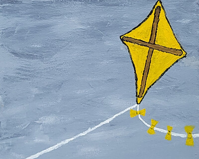 Acrylic painting of a yellow diamond-shaped kite flying in a gray sky. Style is cartoonish, with solid outlines around the kite.