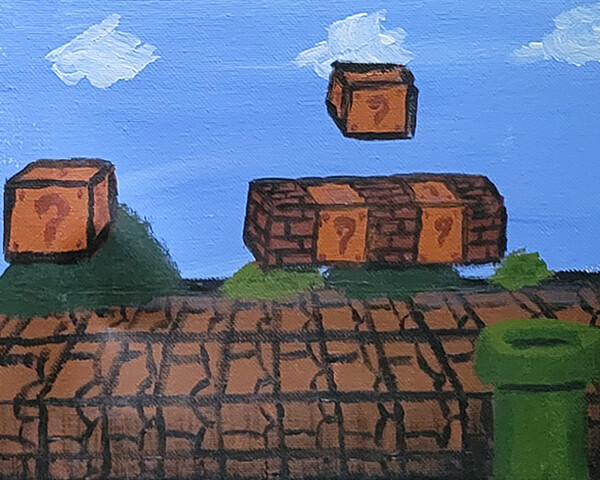 Acrylic painting of a landscape featuring blocks, bushes, and clouds as seen in the beginning stage of Super Mario Brothers