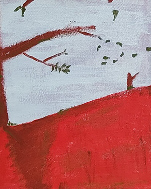 Acrylic painting, left 1/3 of three panels depicting sparse trees with leaves floating in a white sky above bright red rolling hills.