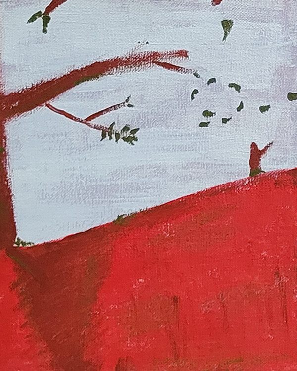 Acrylic painting, left 1/3 of three panels depicting sparse trees with leaves floating in a white sky above bright red rolling hills.